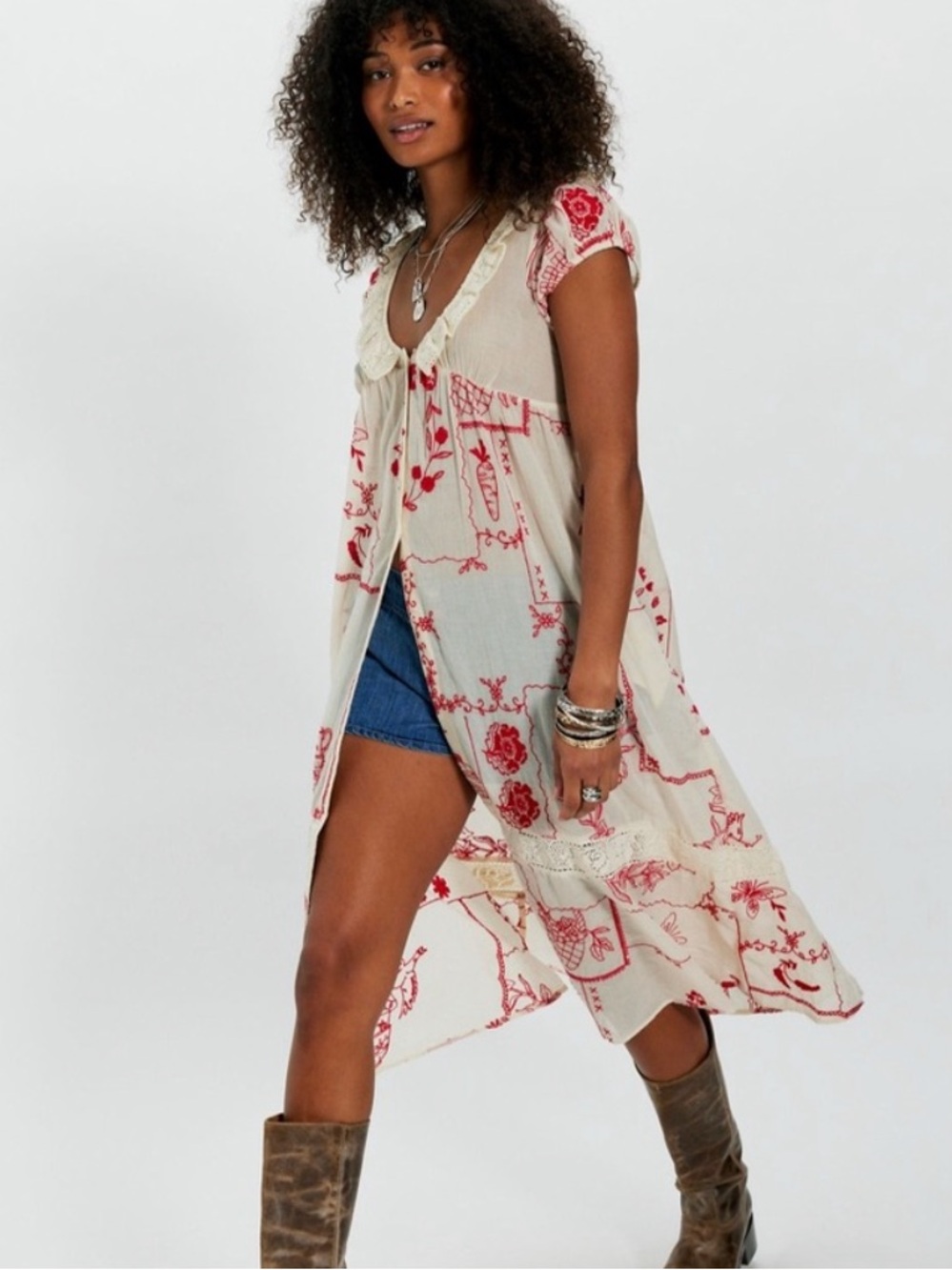 Free People Annie Embroidered Maxi Cream Red Tunic Bird Size Medium M *
